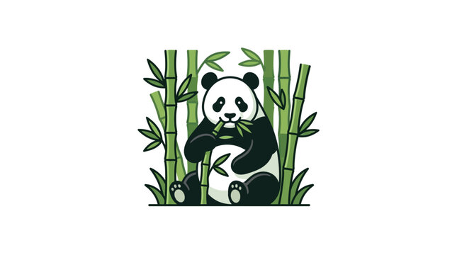 Cute Panda Eating Bamboo Stalks Vector Illustration in Minimalist Style