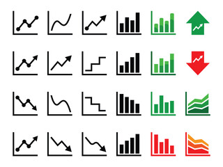 Obraz premium Business chart icon set with line graphs, bar charts, trend arrows, financial data analysis vector