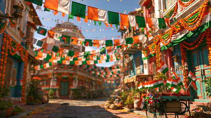 Obraz premium Photorealistic premium commercial stock photography of a festive Indian street scene on Independence Day morning, a narrow colorful urban street decorated with strings of saffron w
