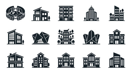 Fototapeta premium Elegant Black and White Icons Set of Various Modern and Classic Architectural Buildings and Structures
