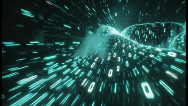 Abstract digital network tunnel with flowing binary code and light streaks
