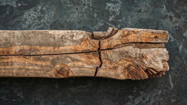 Weathered wooden beam with cracks and splinters on a dark textured surface. Natural wood texture and aged material background.