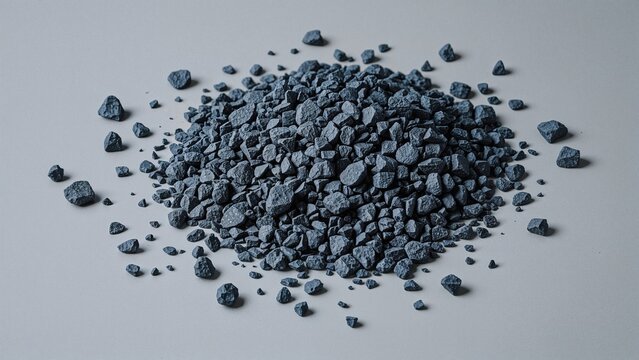 A pile of black gravel or crushed stones scattered on a flat surface.