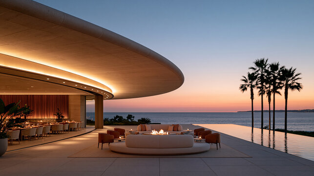 Real photograph of a low angled view looking upward at the soft curved concrete ceiling and overhang of a modern beach cafe at golden hour, elegant furniture partially visible, tro