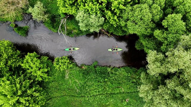 Aerial view of the Warta River with kayakers near Jaskr&oacute;w, Częstochowa, Poland