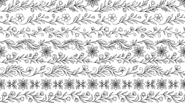 Set of hand drawn floral vine borders with blossoms and leaves outline vector illustrationSet of hand drawn floral vine borders with blossoms and leaves outline vector illustration