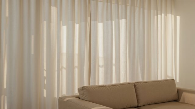 Sunlight filtering through curtains onto a sofa in a well-lit room.