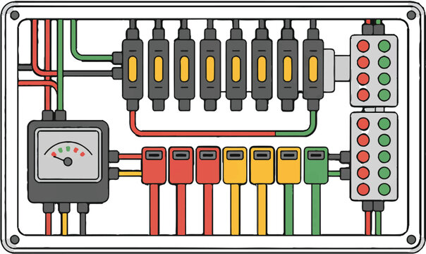 Electricity distribution box with wires, fuses, and sensors. circuit board or fusebox with connections for power.