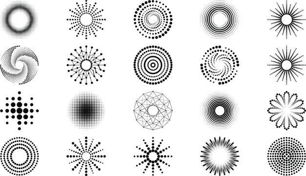 Halftone dot circles, abstract round shapes, radial rays, spirals and globe grid elements set vector illustration