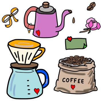 Hand drawn drip coffee maker set with kettle, coffee sack, rose, and ribbon elements