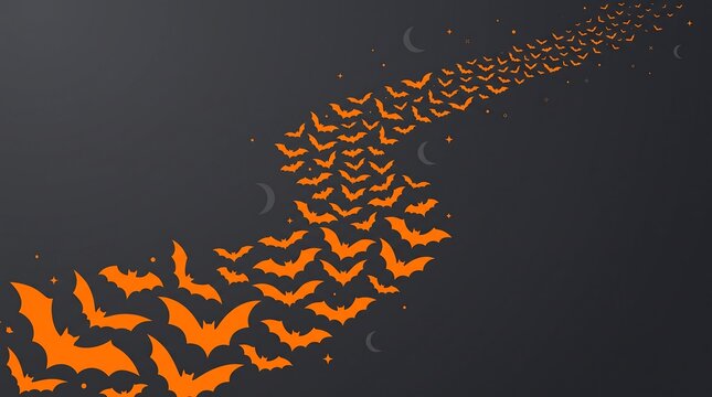 A swarm of orange bats flying across a dark gray background creating a festive pattern for a spooky halloween celebration design