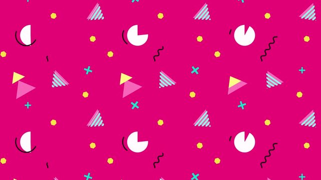 Retro 90s memphis pattern background. Abstract geometric shapes moving on pink backdrop.