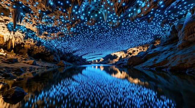 Glowworm cave interior with thousands of tiny bright blue lights covering ceiling like night sky. Still subterranean river water reflects illuminated larvae stars within dark rock formations.
