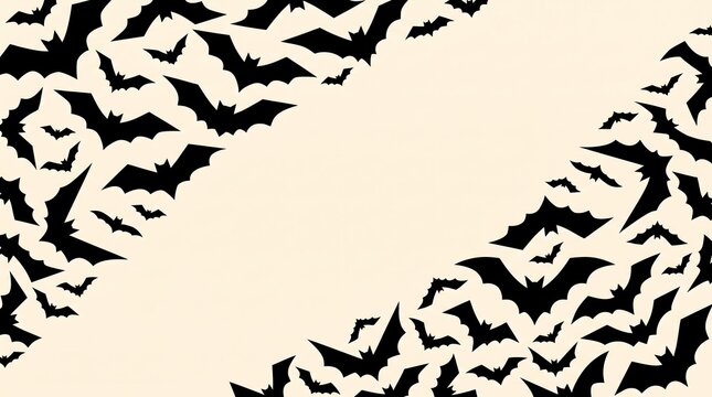 A festive halloween background featuring a pattern of black flying bats on a light cream surface with a central diagonal copy space