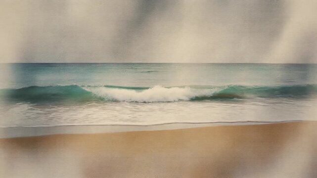 Waves on empty beach slow motion in soft light, watercolor style