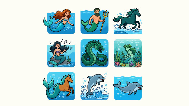 Vector Icon Sheet of Mermaids, Merman, Sea Serpent, Hippocampus, Dolphins, and Water Nymph in Blue Water, Mythical Marine Creatures Collection