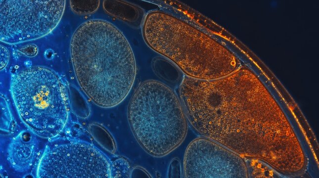 Healthcare AI Medical. Microscopic image of a plant stem cross-section showing cellular structures in vibrant colors.