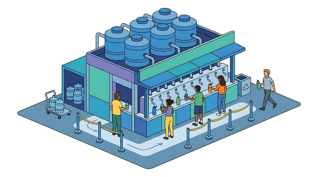 Isometric water refill station for public use with people queueing and buying beverages from a kiosk on a bright day