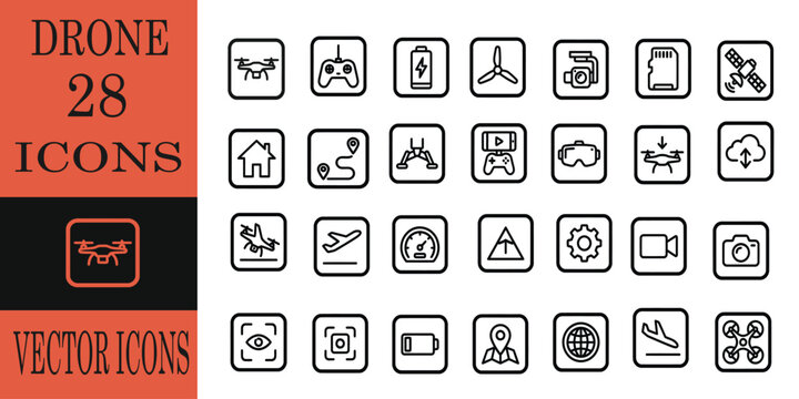 Set of twenty eight drone technology related editable line icons vector illustration featuring various aerial photography and remote control aircraft concepts. editable line icons. Vector illustration