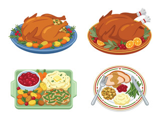 Fototapeta premium Delicious roasted whole chicken served on plates with fresh vegetables and side dishes for a hearty meal