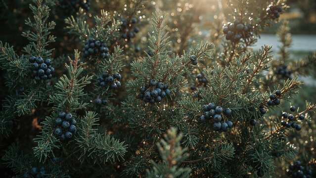 A close-up of juniper bushes with blue berries in a natural outdoor setting during sunset.