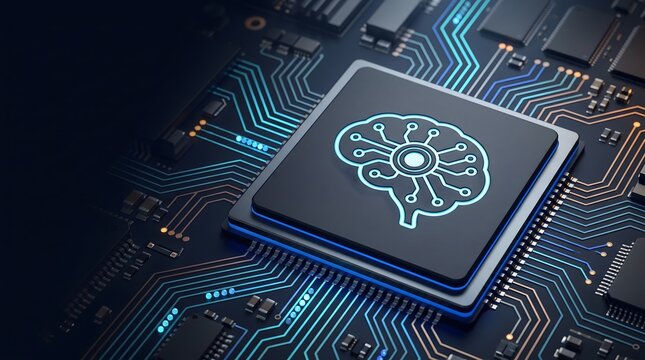 Artificial intelligence microchip with glowing brain symbol representing neural networks and machine learning hardware