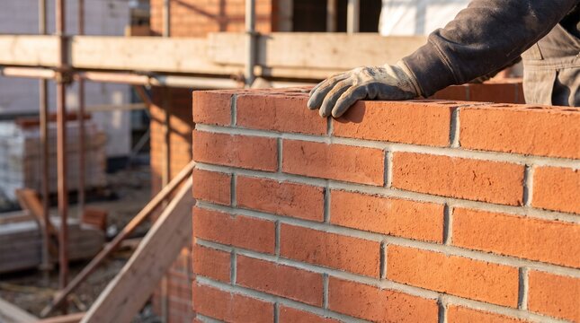 Professional bricklayer constructing a durable brick wall on a residential building site.