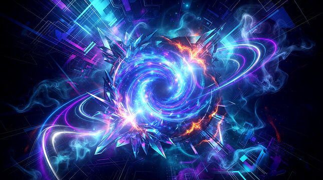 Abstract cosmic portal with glowing energy. Swirling space vortex with neon light effects.