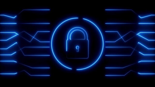 Neon Padlock and Circuitry Graphics on Dark Background glow. High-tech glowing green padlock with circuit graphics, showcasing secure systems and cyber protection.