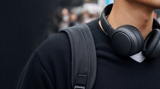 Young person wears headphones and carries a backpack while walking in a busy urban area during the day