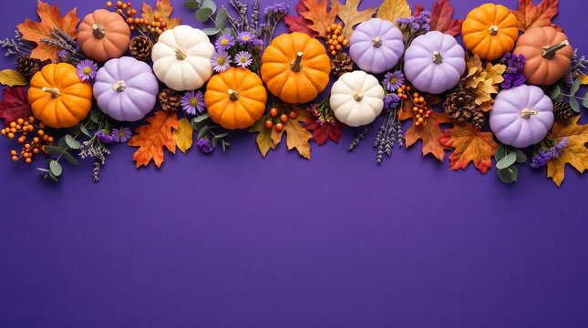 Festive halloween background featuring a decorative border of colorful miniature pumpkins and autumn leaves arranged on a solid purple surface backdrop
