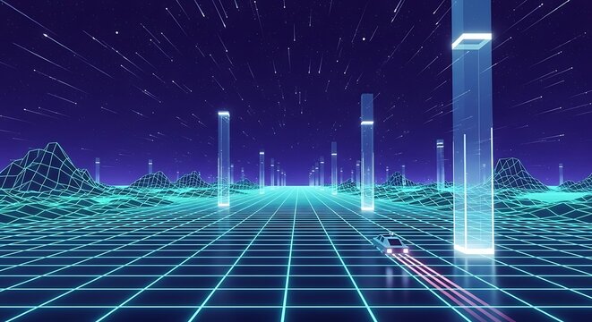 Retro futuristic synthwave landscape with glowing neon grid and driving car.