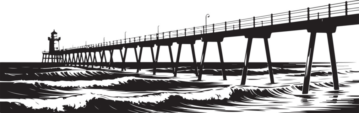 Long ocean pier silhouette stretching over crashing sea waves with small lighthouse at end against transparent background scene.