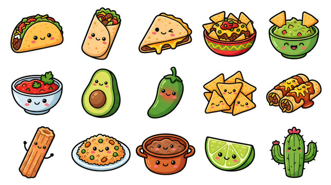 Set of cute kawaii mexican food icons with funny faces including taco burrito nachos avocado salsa pepper lime and cactus