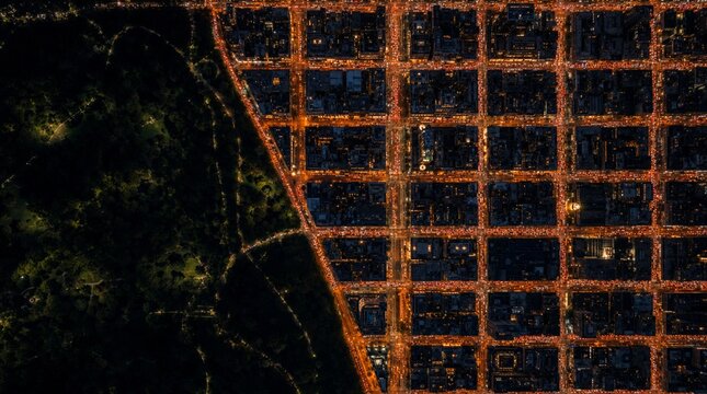 City streets and park area lit up at night with a view from above showing the layout of roads and buildings