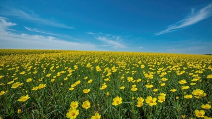 Fototapeta premium A vast field of yellow flowers under a blue sky with white clouds.