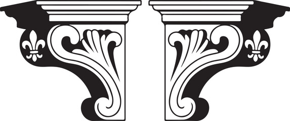 Set of two ornate antique corbels with floral and fleur-de-lis motifs in a mirrored arrangement. © Kamrun82