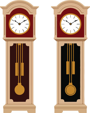 Vintage grandfather clocks in wooden cases with pendulum and classic dial faces for elegant interior home furniture decor set.