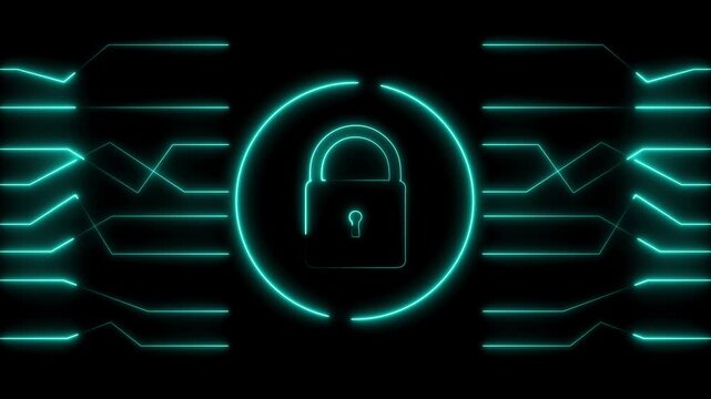 Neon Padlock and Circuitry Graphics on Dark Background glow. High-tech glowing green padlock with circuit graphics, showcasing secure systems and cyber protection.
