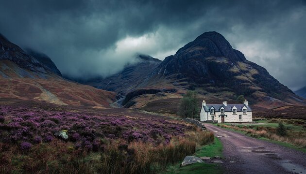 Mountains stand behind a house on a road with purple flowers in a valley during cloudy weather in Scotland