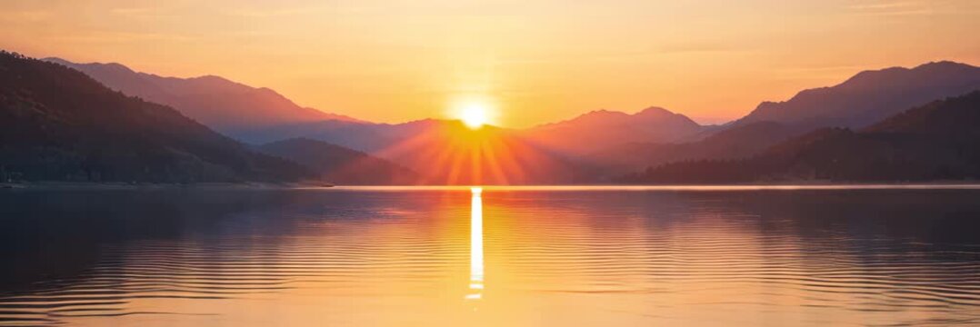 Sunset reflected on a calm mountain lake, website banner with copy space for your text