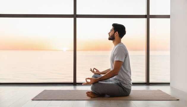Meditation session at sunset by the ocean, with a man sitting on a mat, practicing mindfulness and focus