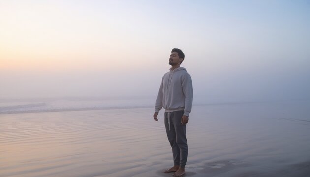 Man stands on the beach at dawn with a foggy background and reflects on the day ahead while the waves gently wash ashore