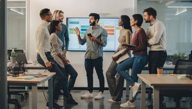 Group of people discussing ideas in a modern office space during a meeting with a screen showing work details