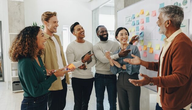 Group of people in a meeting discussing ideas and sharing smiles in a modern office setting during the day