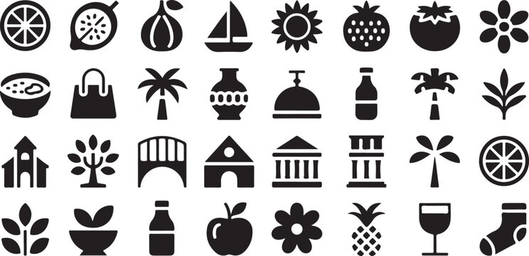 Collection of simple black icons representing food, nature, buildings, transportation, and household objects on transparent background.