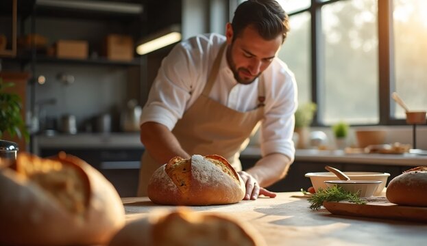 Highly realistic commercial photograph of a professional baker preparing artisan sourdough bread inside a modern bakery with natural morning light, authentic ingredients, realistic kitchen environment