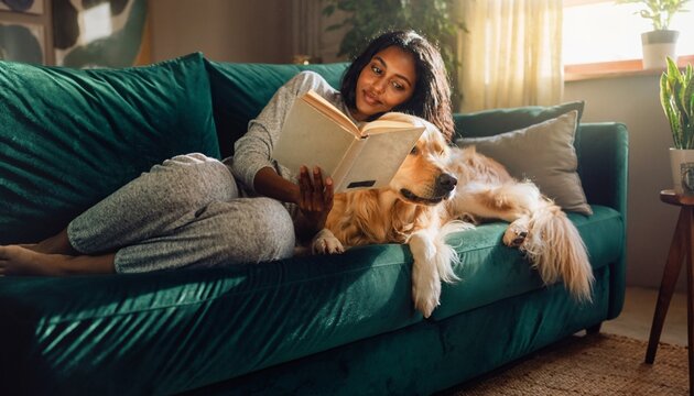 Person reads a book while sitting on a green couch next to a dog in a cozy living room during the afternoon