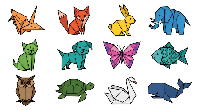Set of colorful origami paper animals and birds icons collection including fox rabbit elephant cat dog butterfly fish owl turtle swan and whale
