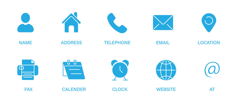 Contact us icon. A collection of clean, modern icons representing various contact methods like name, address, phone, email, and website for business use. vector illustration.